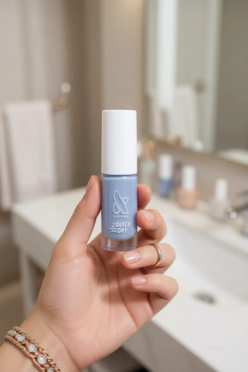 Mano sosteniendo esmalte azul pastel Olive & June Quick Dry