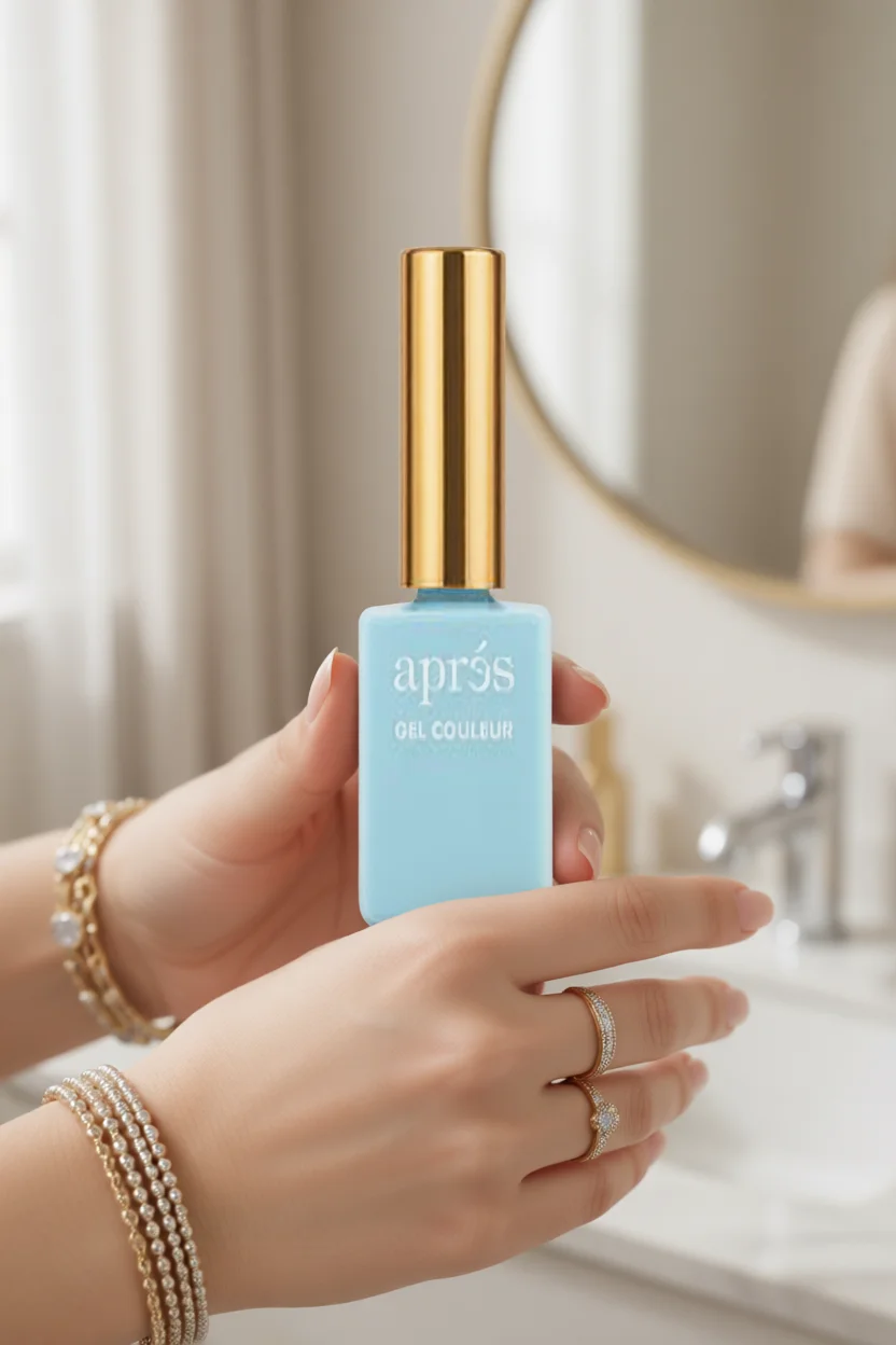 Mano femenina sostiene botella esmalte gel aprés color azul pastel