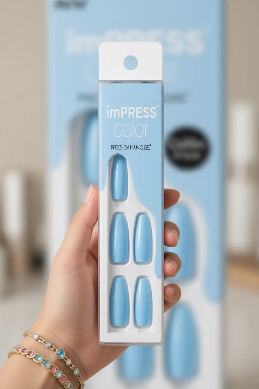 Mano sosteniendo paquete de uñas postizas imPRESS Color azul claro forma almendra