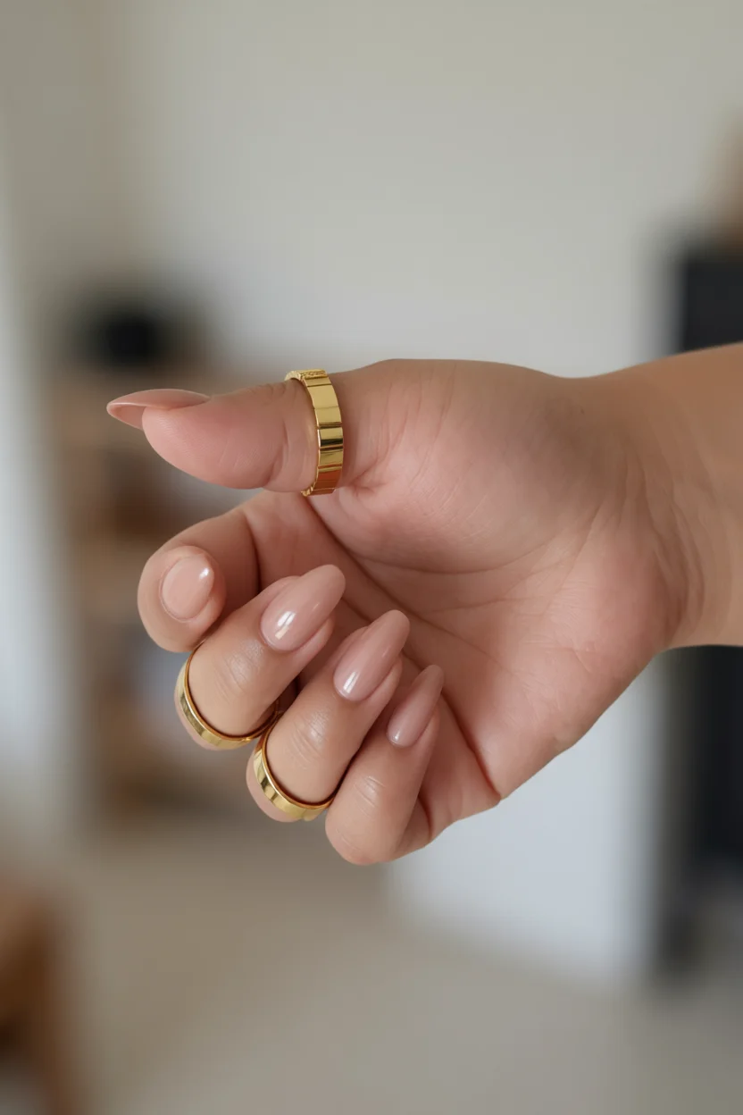 Mano con uñas almendra largas en nude brillante y anillos dorados