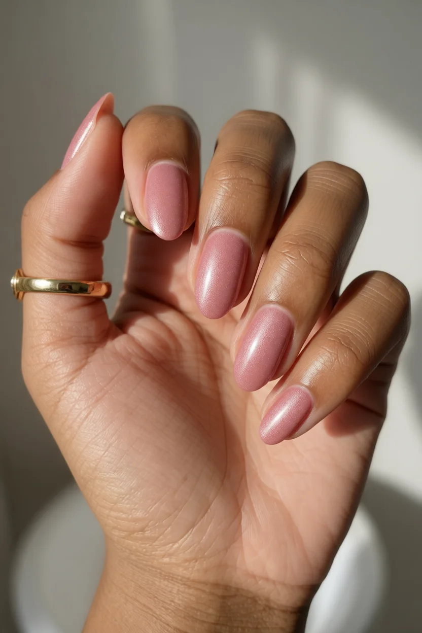 Mano con uñas cortas forma almendrada en color rosa nude con efecto satinado