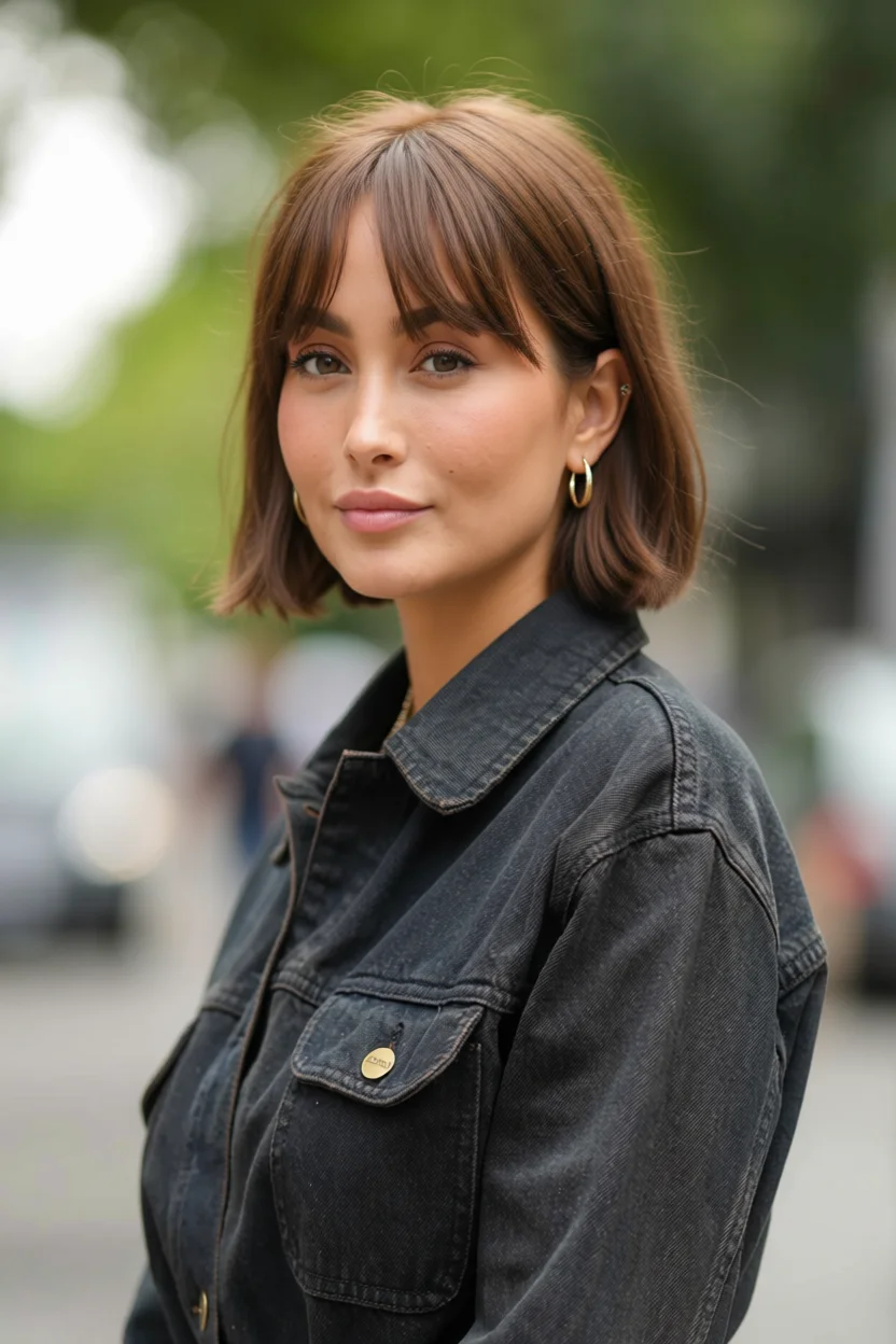 Mujer con corte bob despeinado y flequillo recto