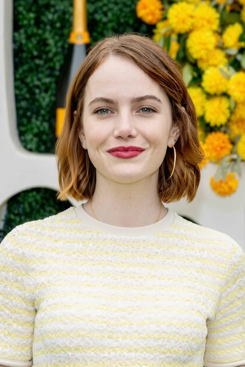 Emma Stone con corte bob ondulado color castaño rojizo y raya al centro