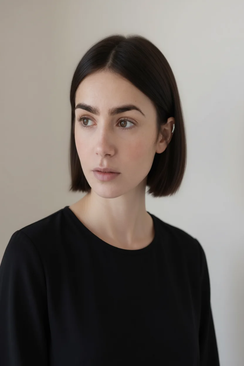 Mujer con corte bob liso y raya al medio en cabello oscuro