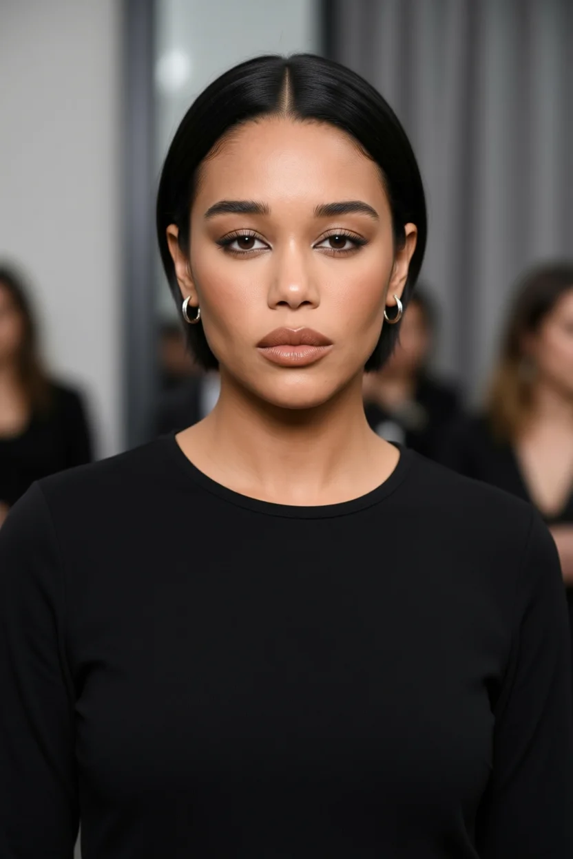 Mujer con corte bob liso negro con raya al medio perfecta y aretes de aro