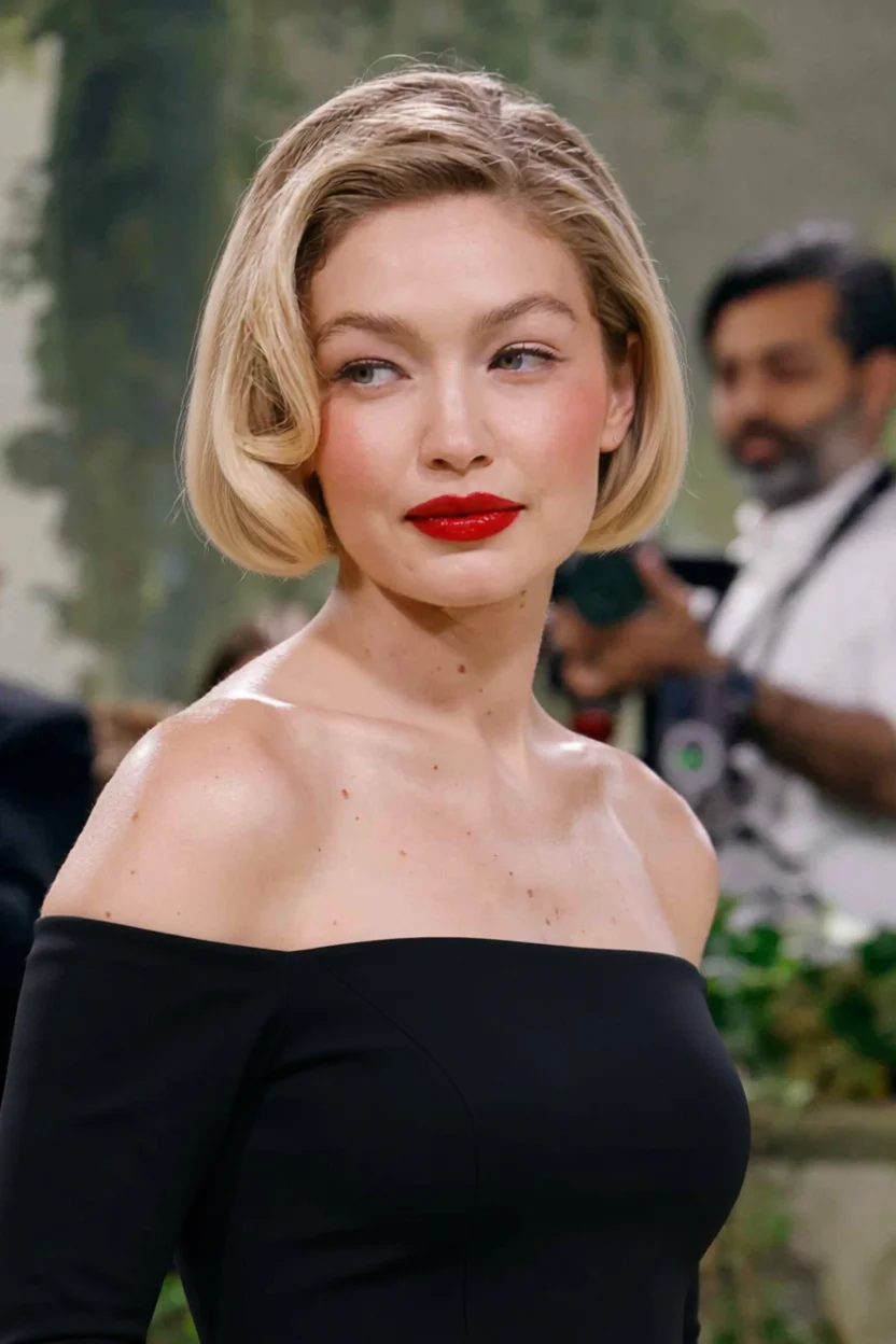 Mujer con corte bob rubio corto con ondas vintage y labios rojos