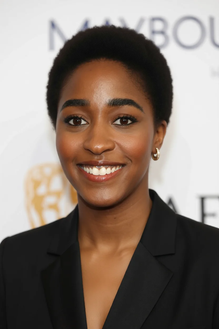 Mujer con corte afro corto y natural peinado hacia arriba