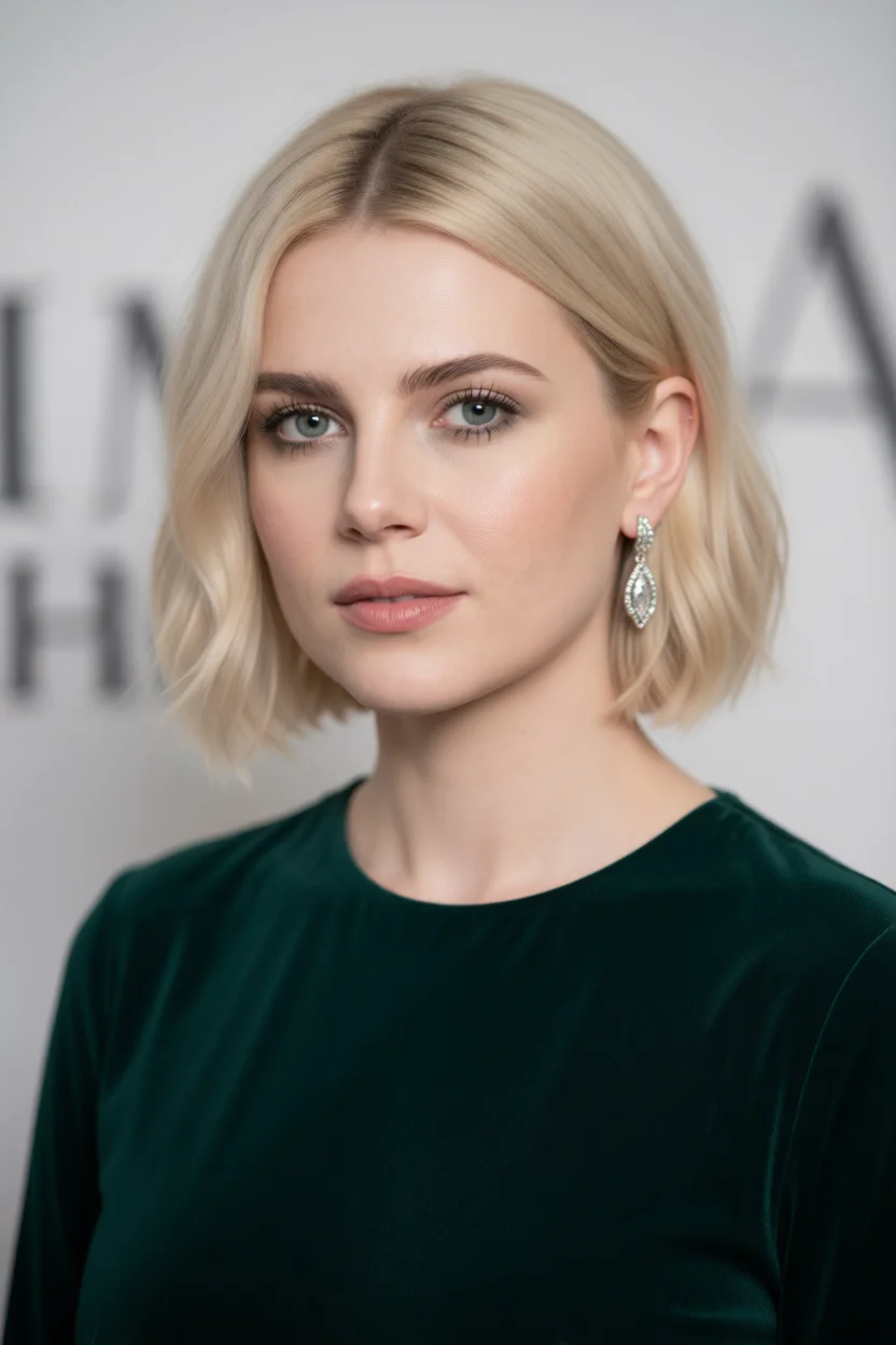 Mujer con corte bob corto rubio platino con ondas suaves y raya al medio