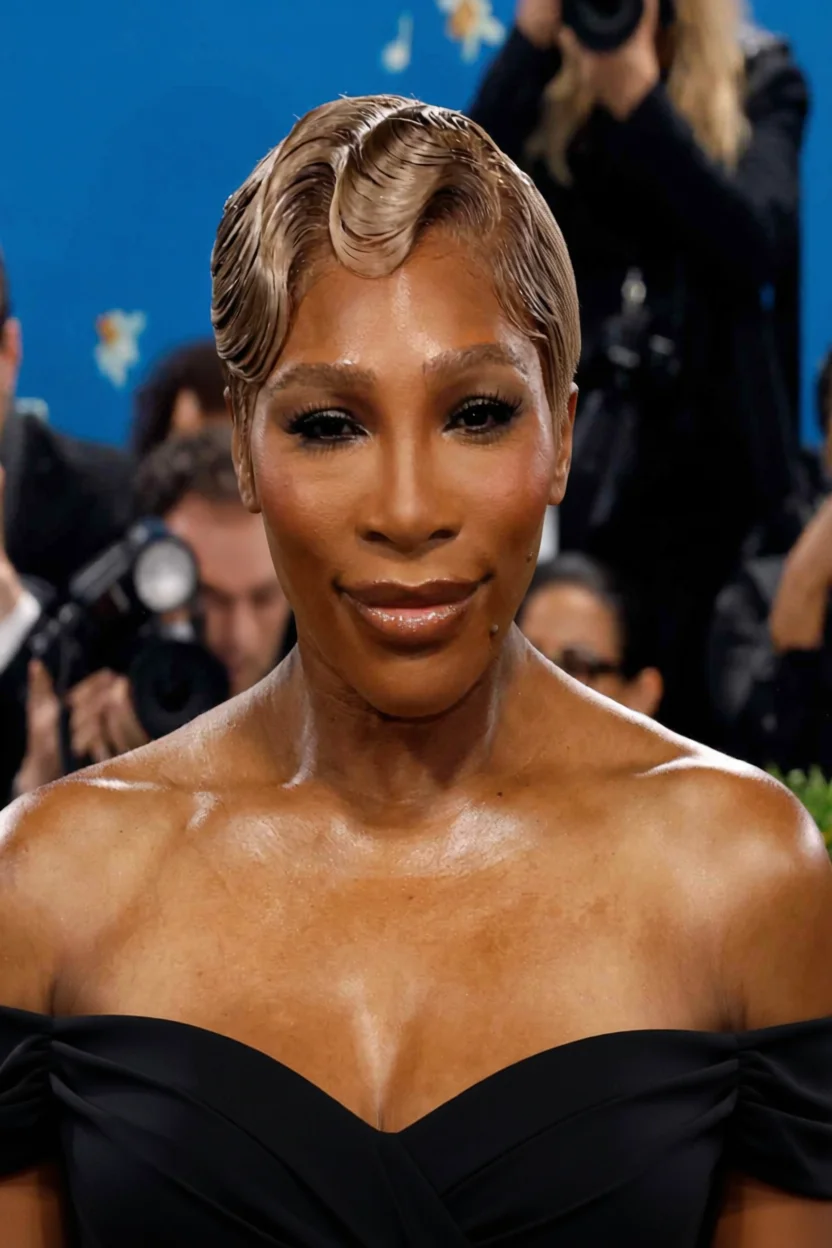 Serena Williams con corte pixie ultra corto rubio platino y onda lateral estilizada tipo años 20