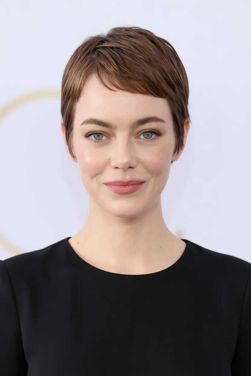 Corte pixie corto castaño con flequillo texturizado y punta desfatada