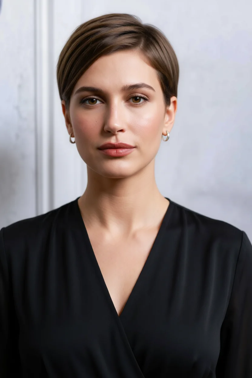 Mujer con corte pixie corto castaño peinado hacia un lado