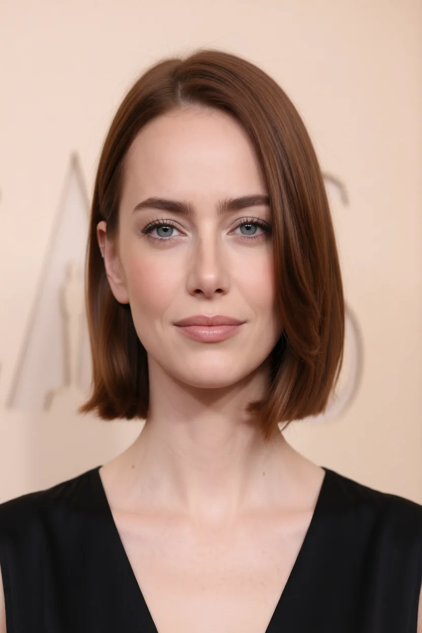 Corte bob liso castaño con raya al lado