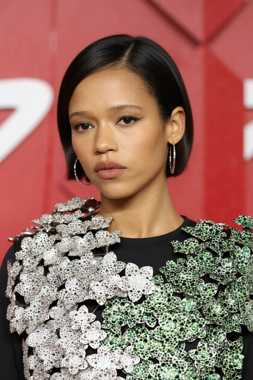 Taylor Russell con corte bob recto y liso hasta el mentón con raya al lado