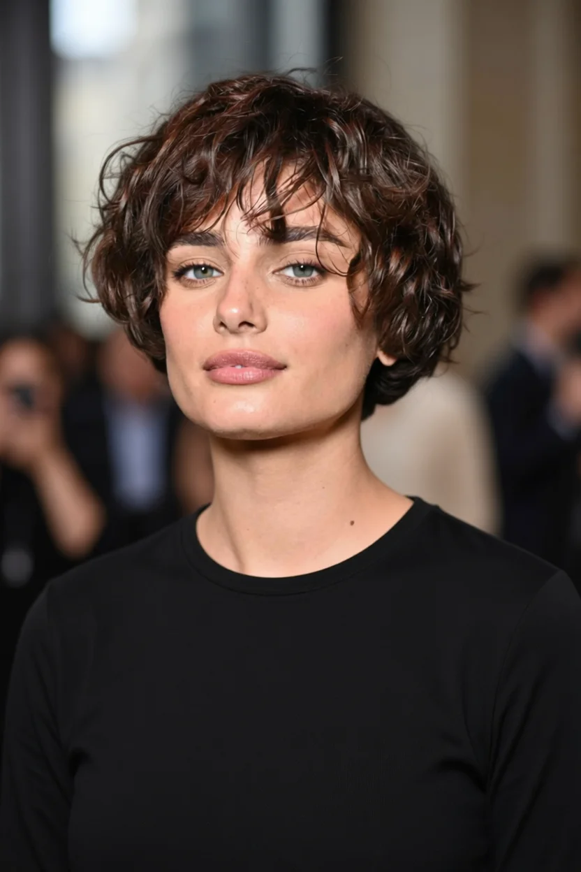 Mujer con corte pixie rizado texturizado color castaño oscuro y flequillo desfilado