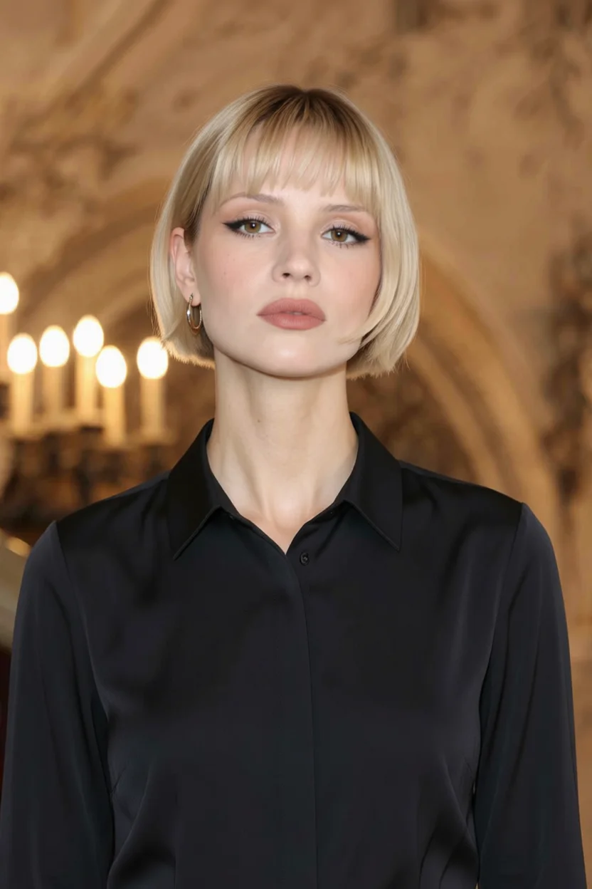 Mujer con corte bob corto rubio platino y flequillo recto tipo ceja