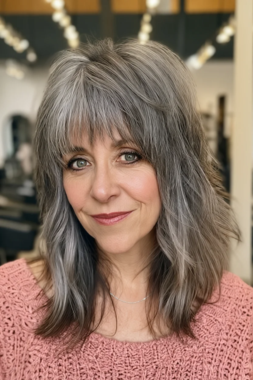 Mujer madura con corte shag en capas y flequillo, cabello gris plateado