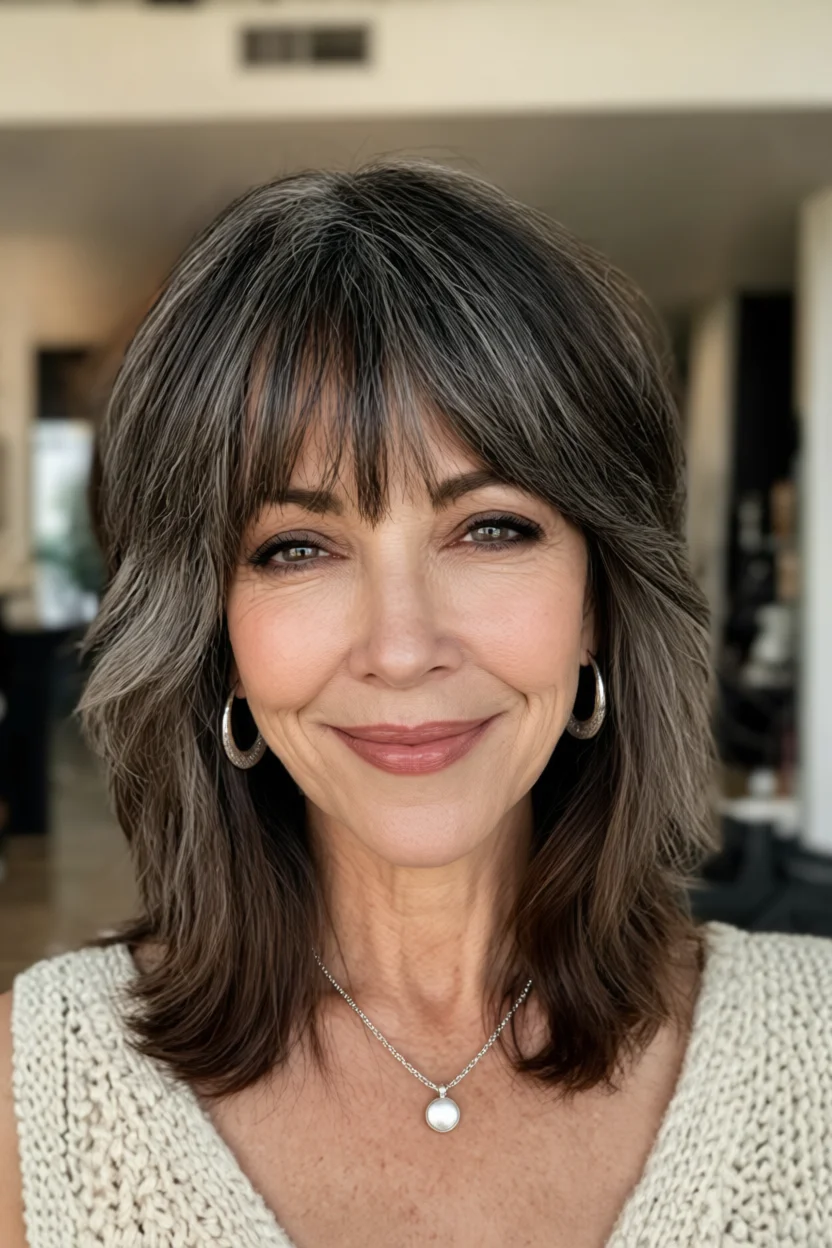 Mujer de 50 años con corte shag a media melena, capas definidas, flequillo ligero y cabello con reflejos plateados