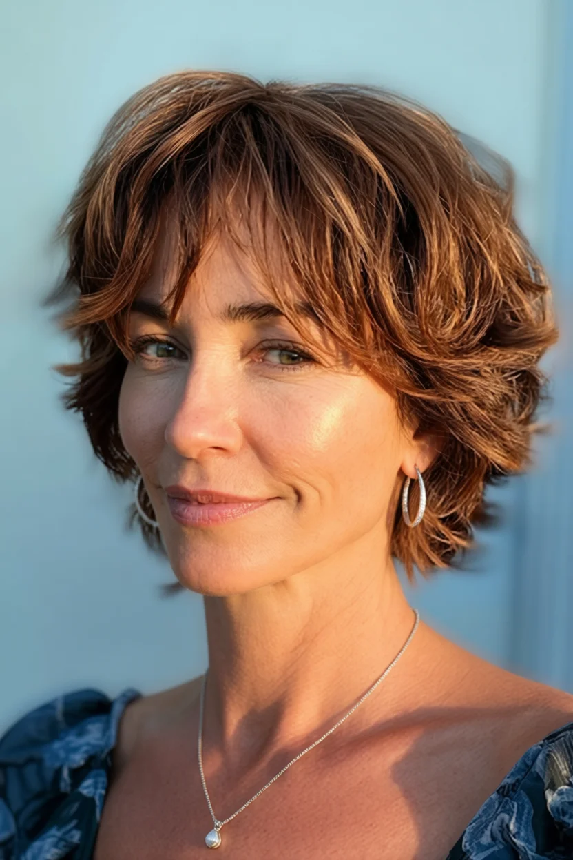 Mujer con corte shag corto castaño con capas y flequillo lateral