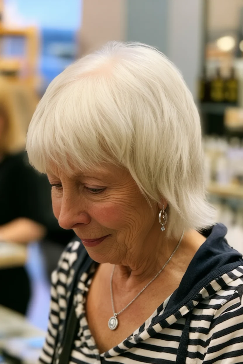 Mujer de mediana edad con cabello blanco platino en corte shag con capas suaves y flequillo lateral, vista de perfil, usando aretes de aro y collar con dije
