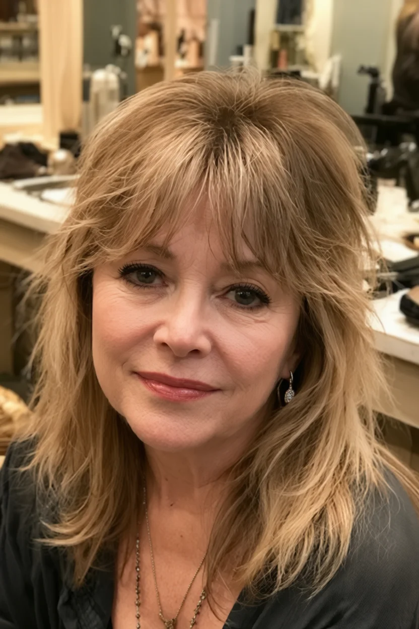Mujer de 50 años con corte shag rubio, capas largas y flequillo desmechado sonriendo
