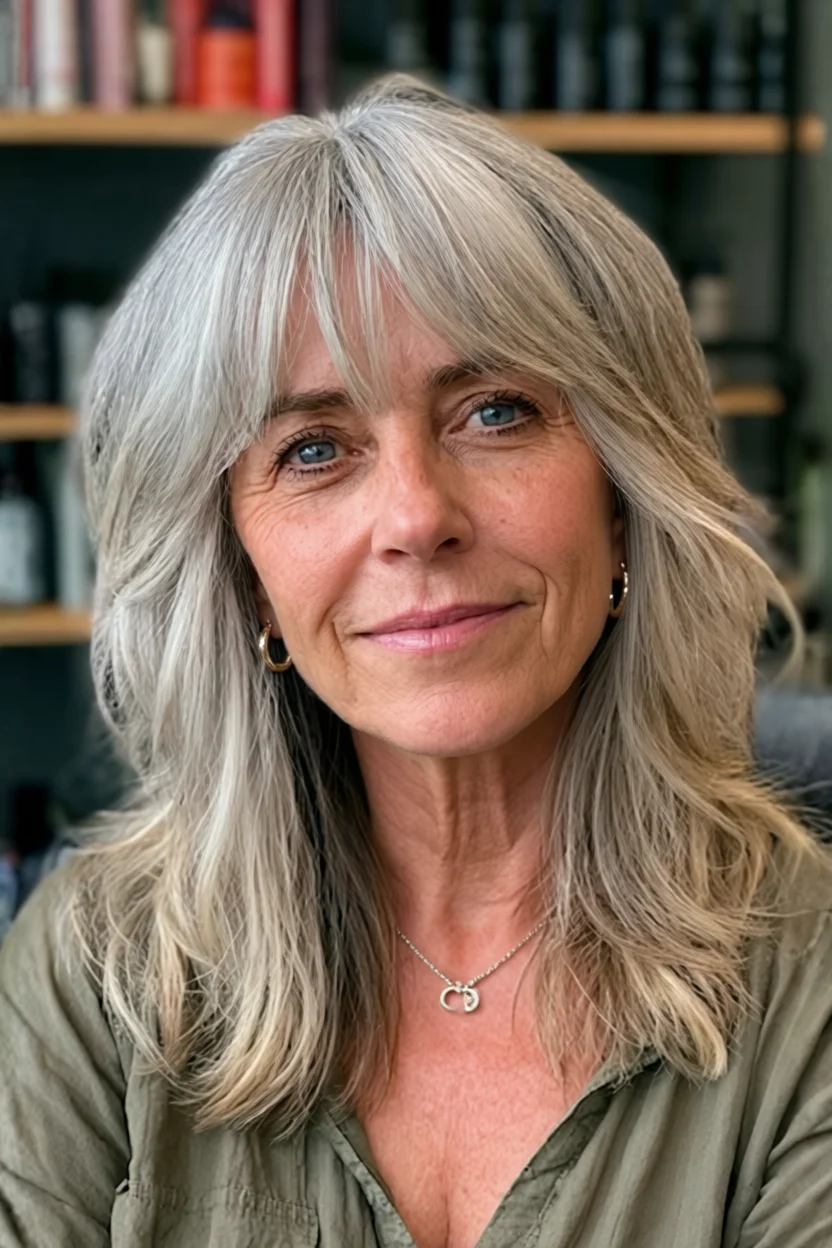 Mujer de pelo gris plata con corte shag largo en capas y fleco recto