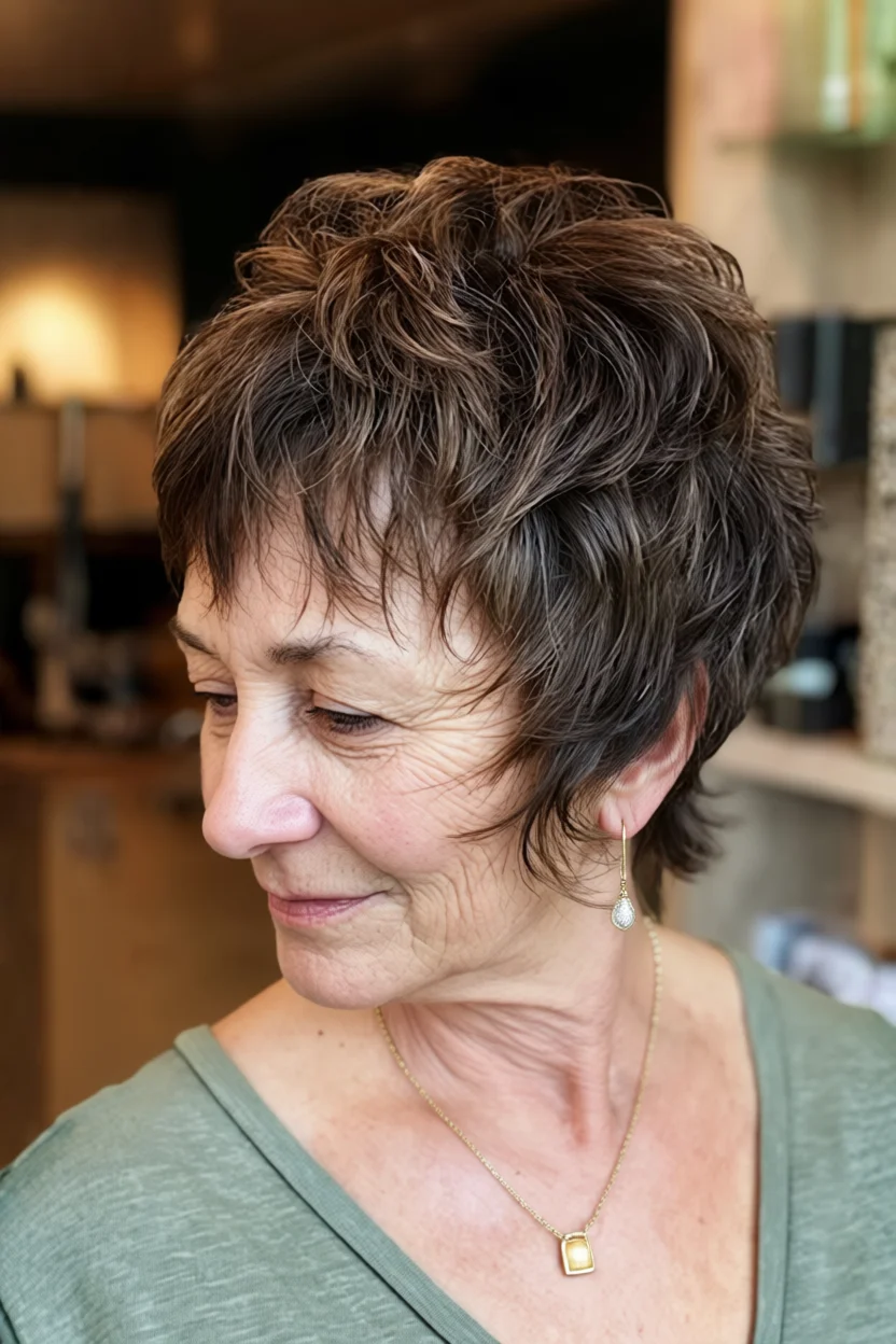 Mujer mayor con corte de pelo shag corto en capas color castaño con textura desmechada
