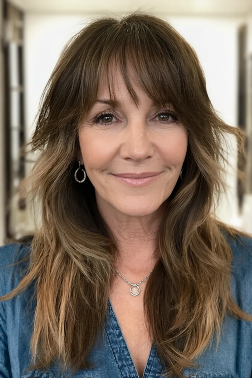 Mujer de mediana edad con corte shag largo, capas desmechadas y flequillo suave