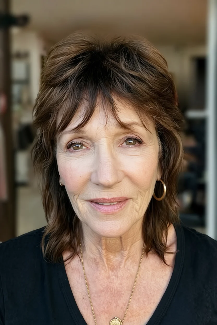 Mujer de 60 años con corte shag largo hasta los hombros, capas texturizadas, flequillo desmechado y volumen natural