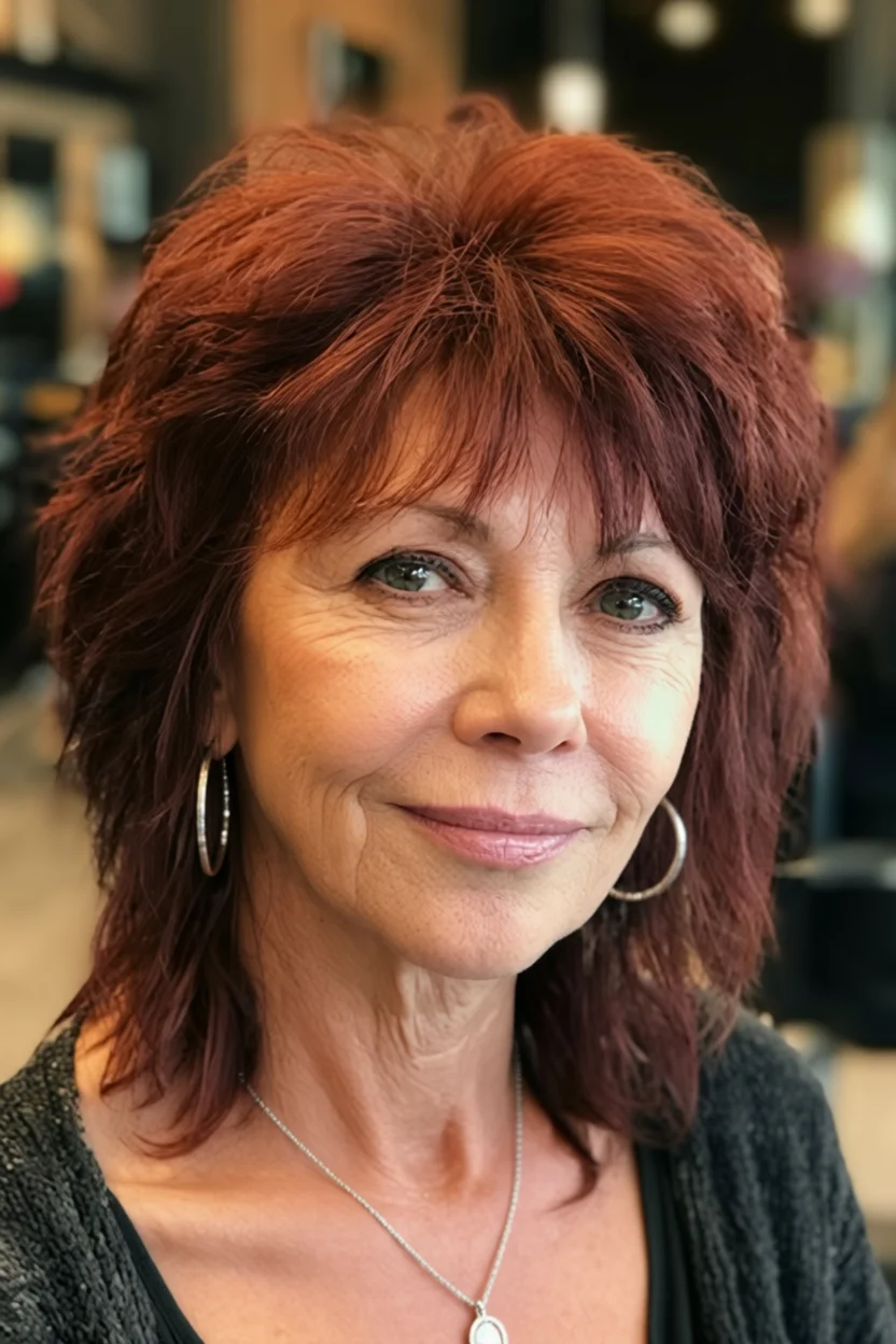 Retrato de mujer mayor con cabello corto shag rojizo y ondas naturales