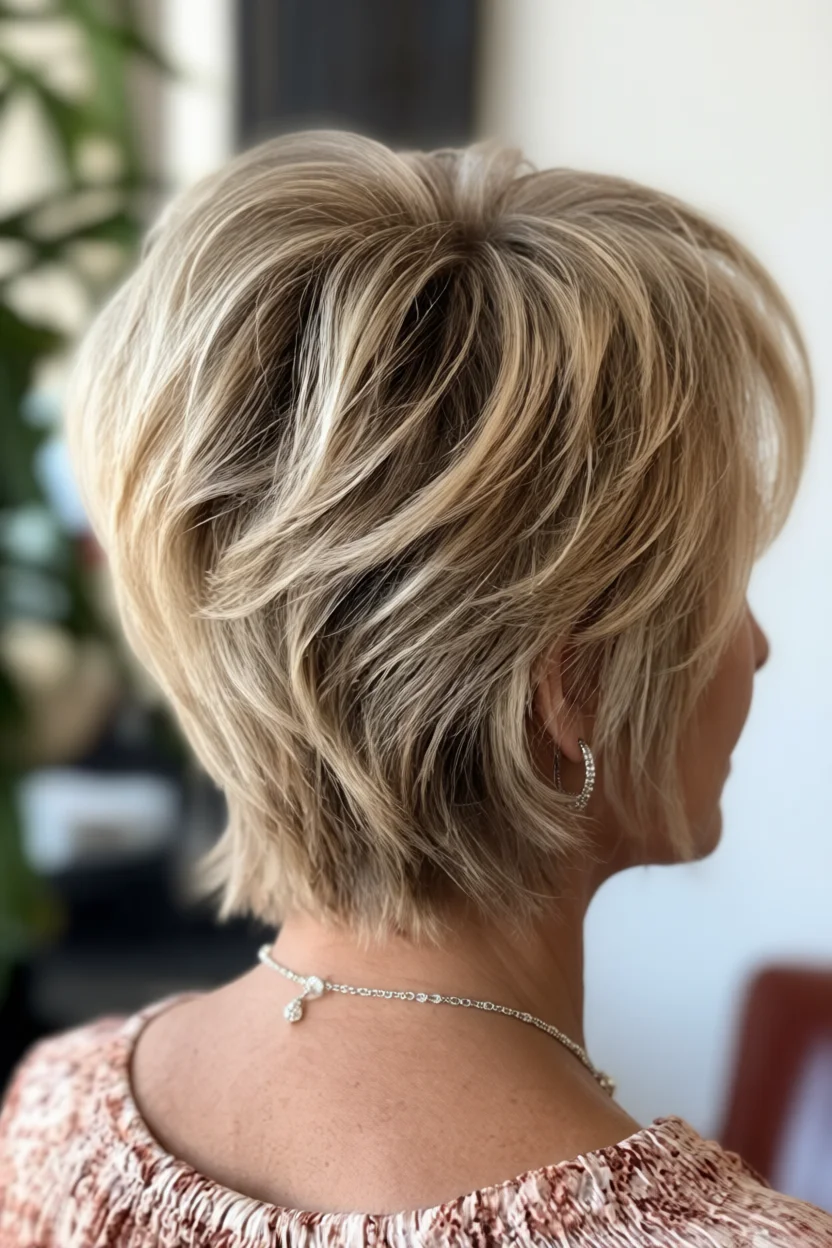 Vista trasera de corte shag corto con capas texturizadas, flequillo lateral y tono rubio balayage