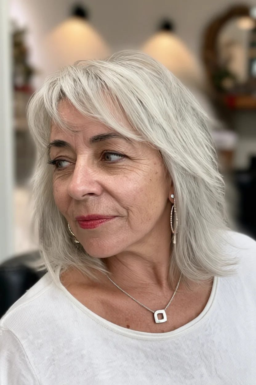 Mujer madura con cabello shag plateado en capas que enmarca el rostro