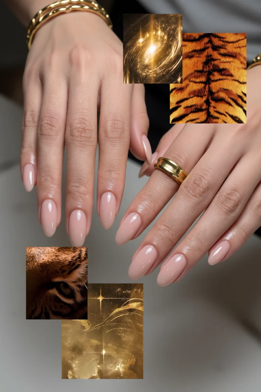 Mano con uñas almendradas color nude brillante acompañadas de imágenes de inspiración de tigre y tonos dorados