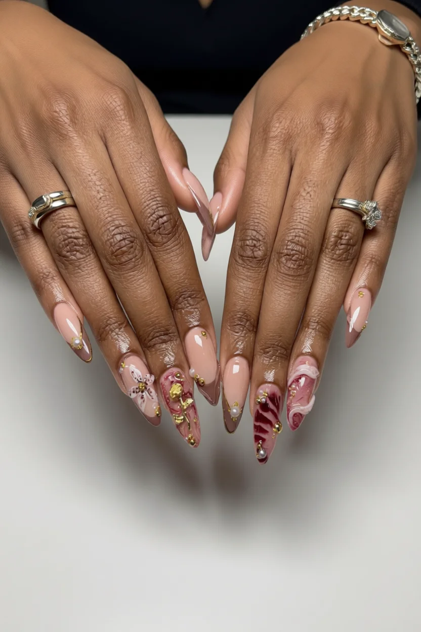 Uñas almendradas con base nude, diseños tipo mármol en tonos rosados y burdeos y decoración con detalles dorados y perlas