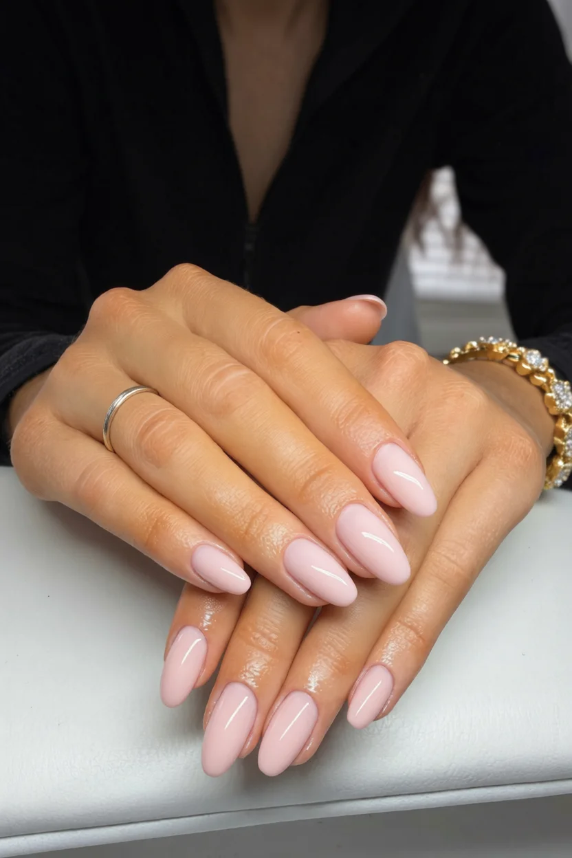 Uñas largas en forma de almendra con esmalte rosado lechoso estilo chai