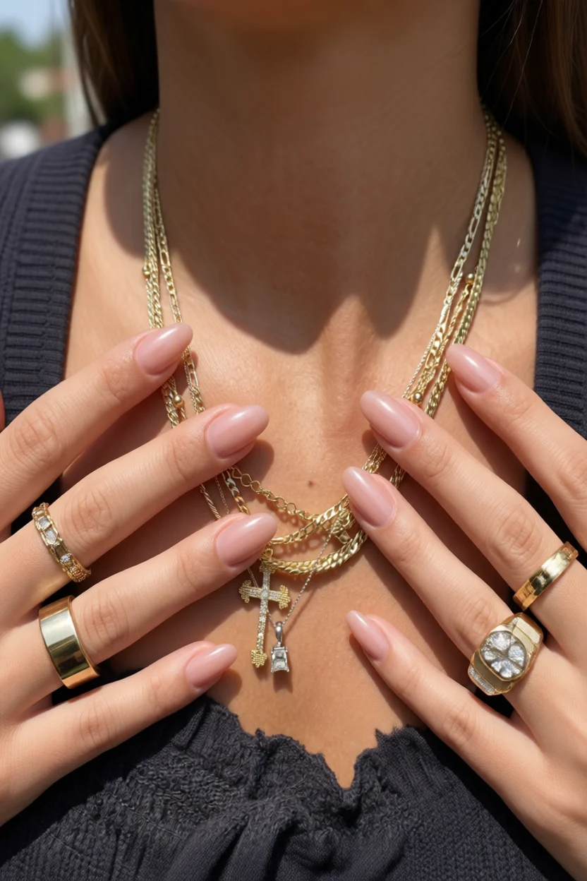 Uñas nude almendradas con acabado brillante junto a collares dorados