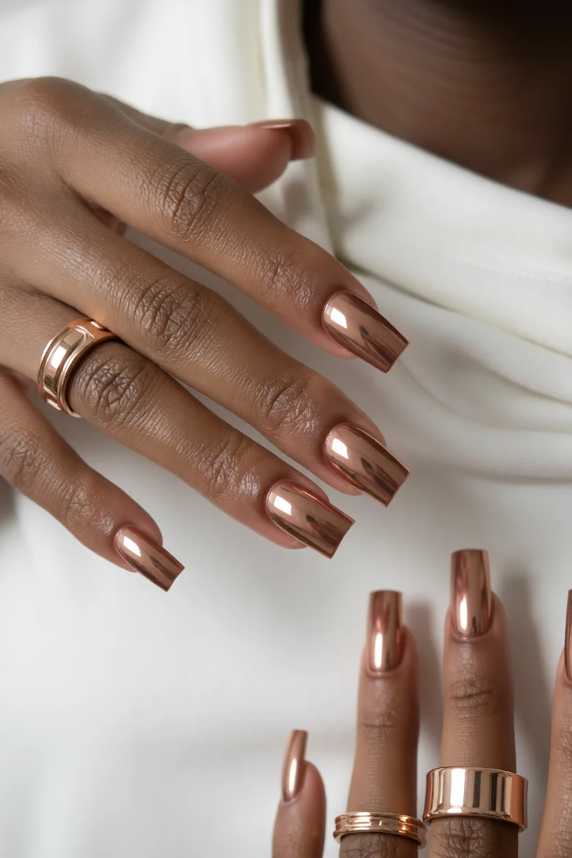 Uñas largas cuadradas con acabado metálico cobre espejo en tono chai
