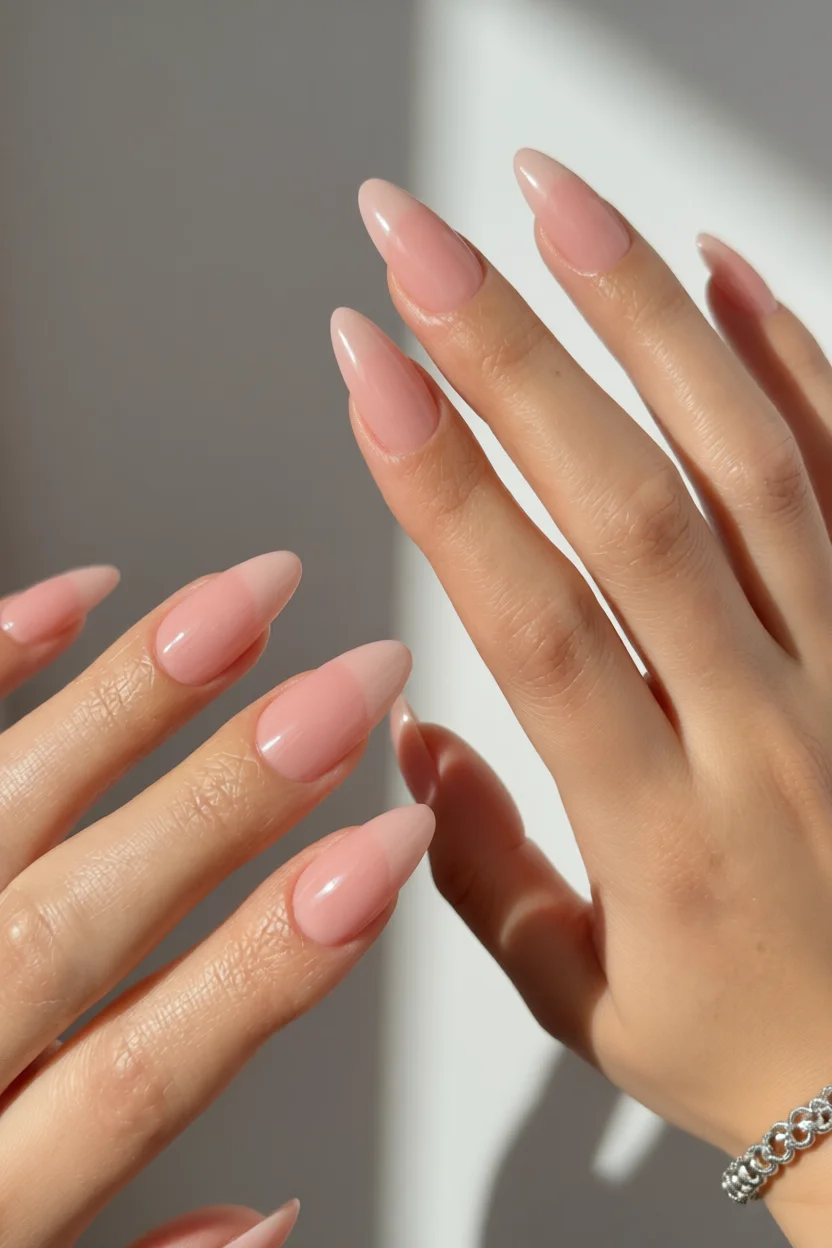 Uñas largas almendradas en degradado rosa nude con acabado brillante