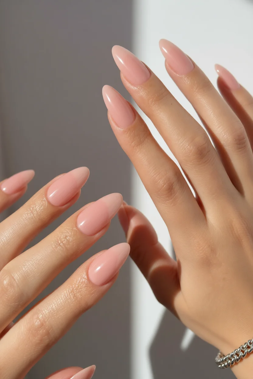 Manos con uñas largas forma almendra en color nude rosado liso con brillo intenso