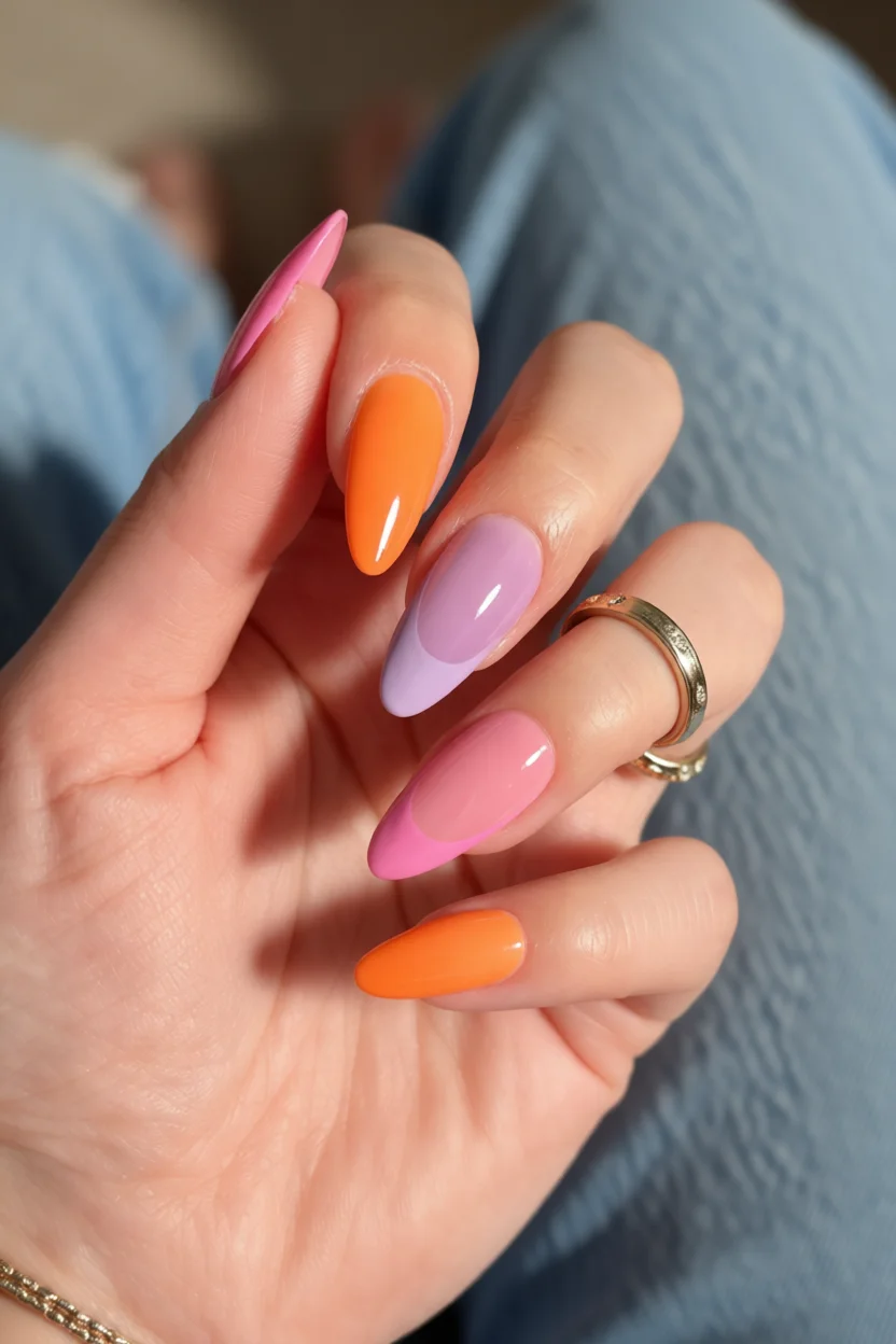 Manicura jelly en uñas almendra larga con tonos rosas y naranjas translúcidos