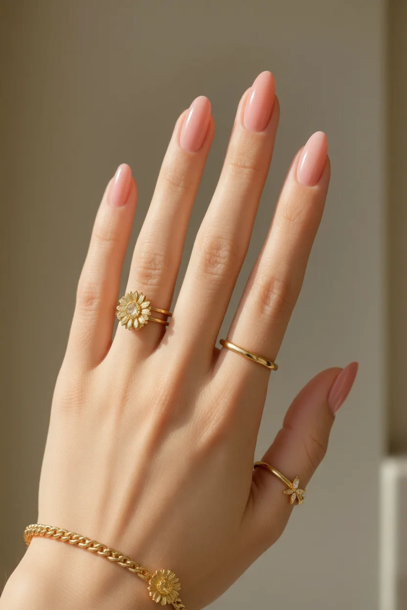 Mano con uñas almendradas en efecto jelly rosa translúcido y brillo gel