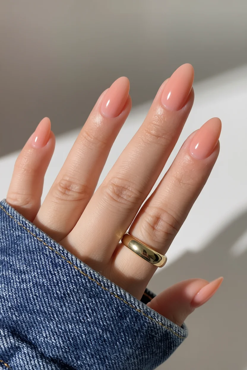 Uñas ovaladas largas con esmalte jelly color nude rosado translúcido