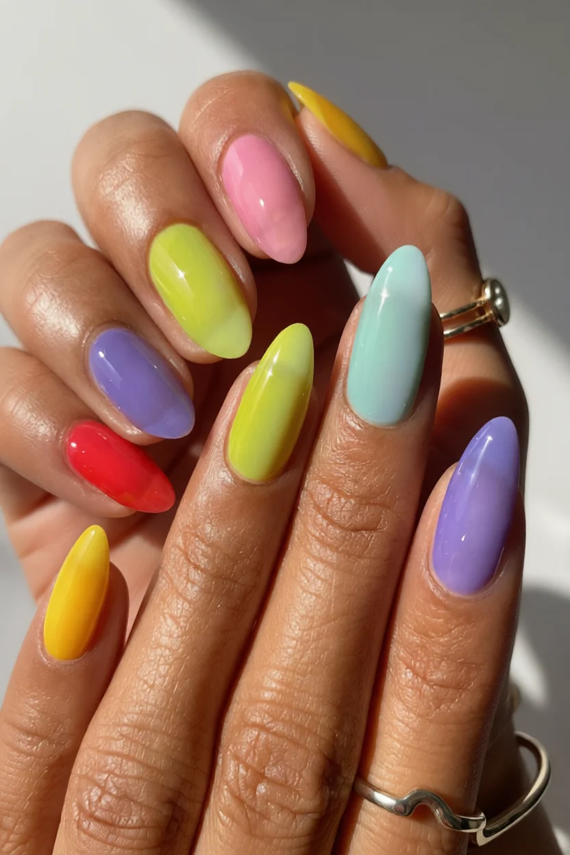 Mano con uñas almendradas largas en colores jelly vibrantes: rosa, amarillo, verde, morado y azul