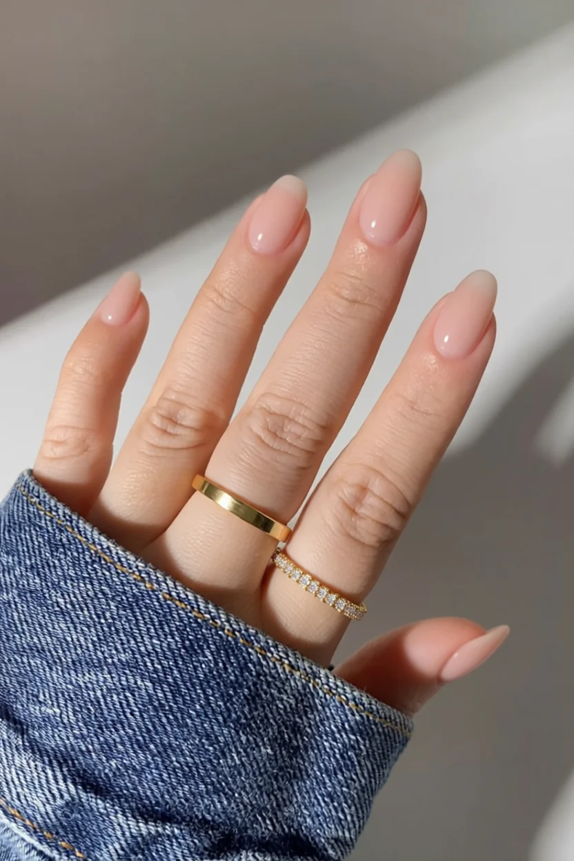 Mano con uñas medianas ovaladas en acabado jelly nude translúcido