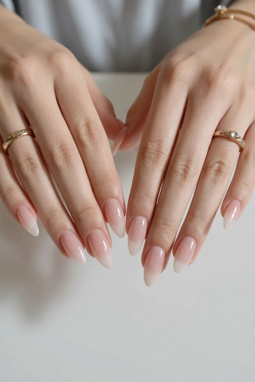 Uñas largas almendradas con esmalte jelly nude translúcido y puntas blancas suaves