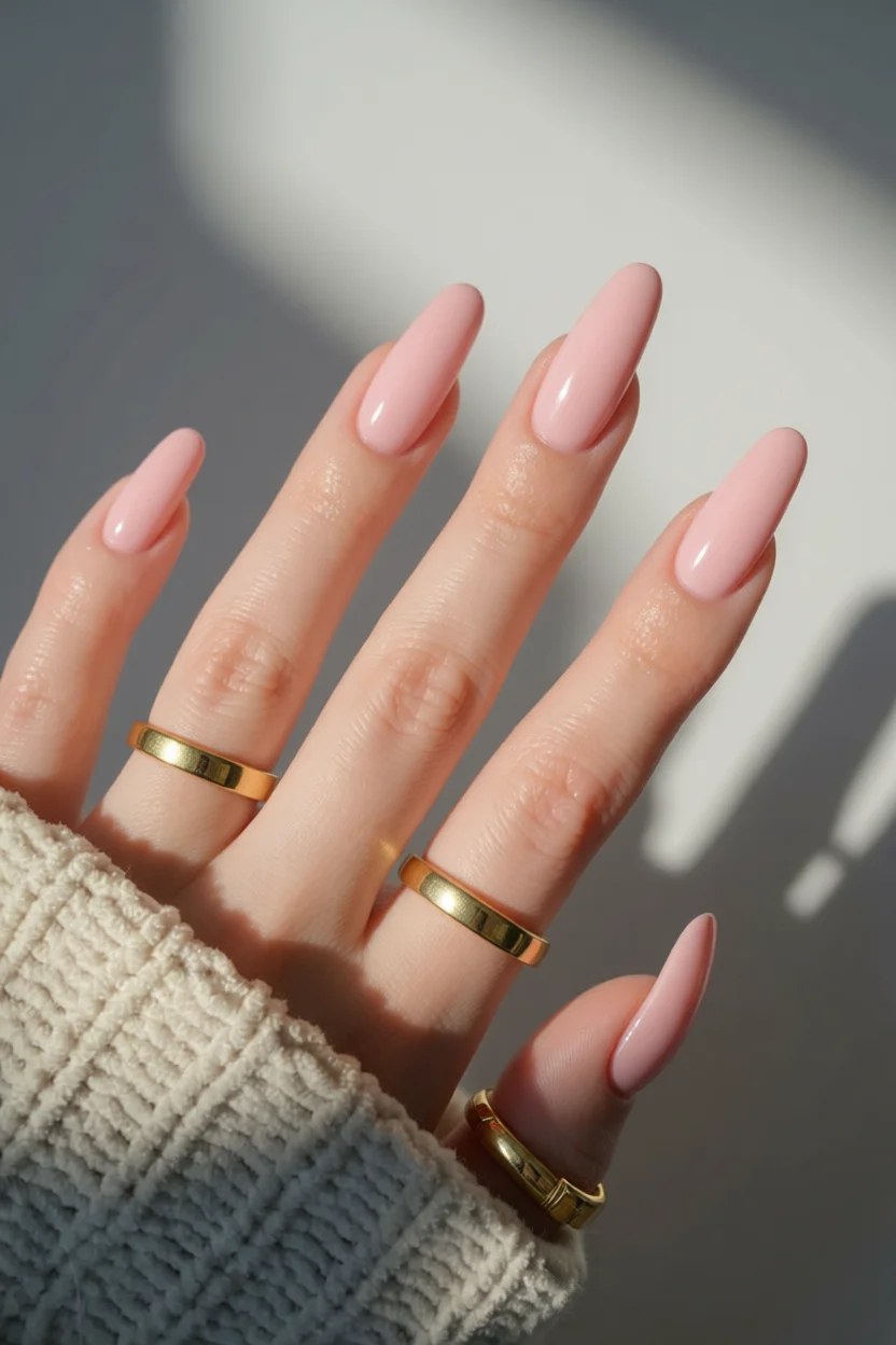 Mano con uñas largas forma almendra color rosa pastel con acabado jelly brillante