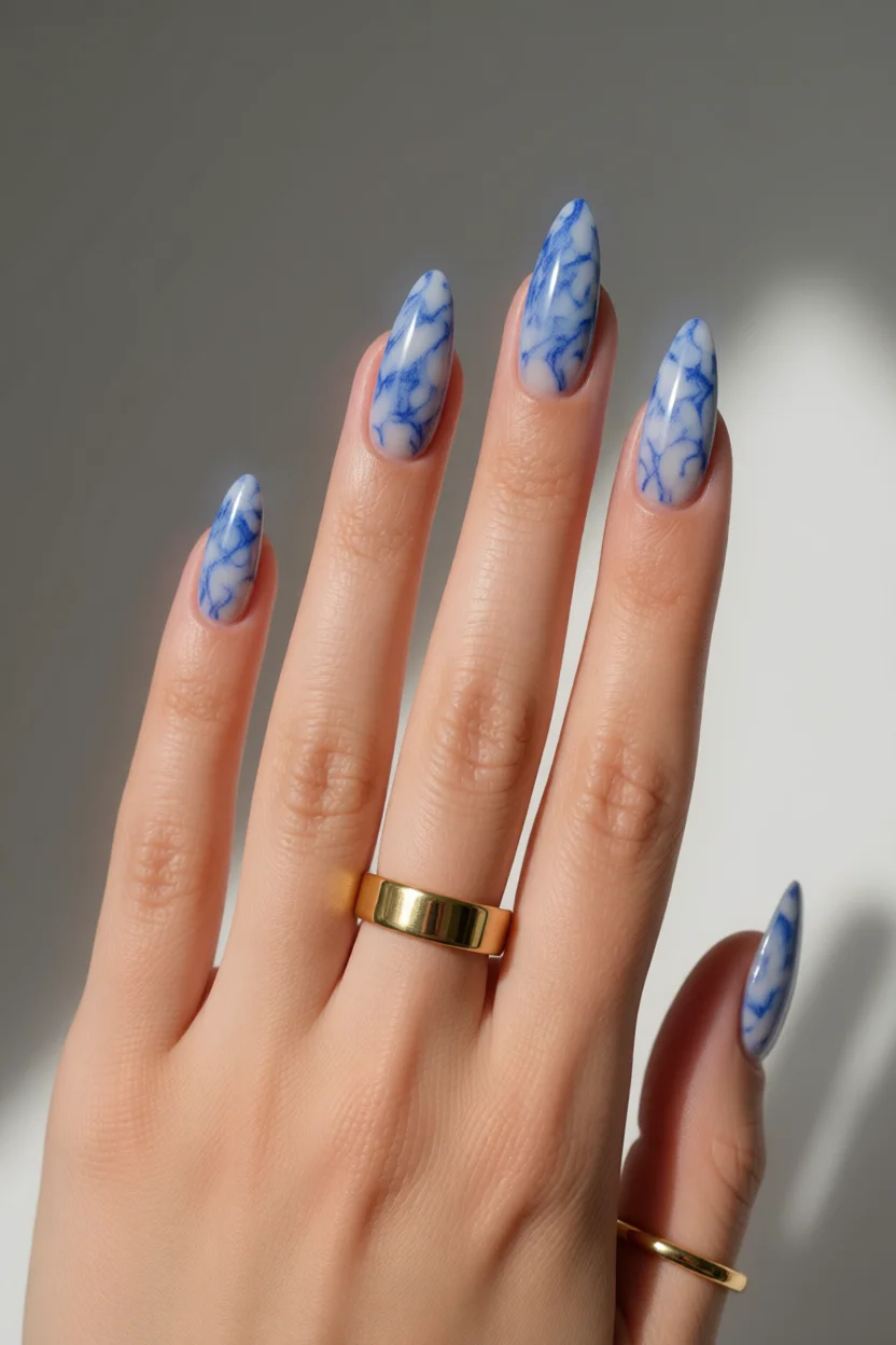 Uñas largas almendradas con diseño de mármol azul y blanco translúcido
