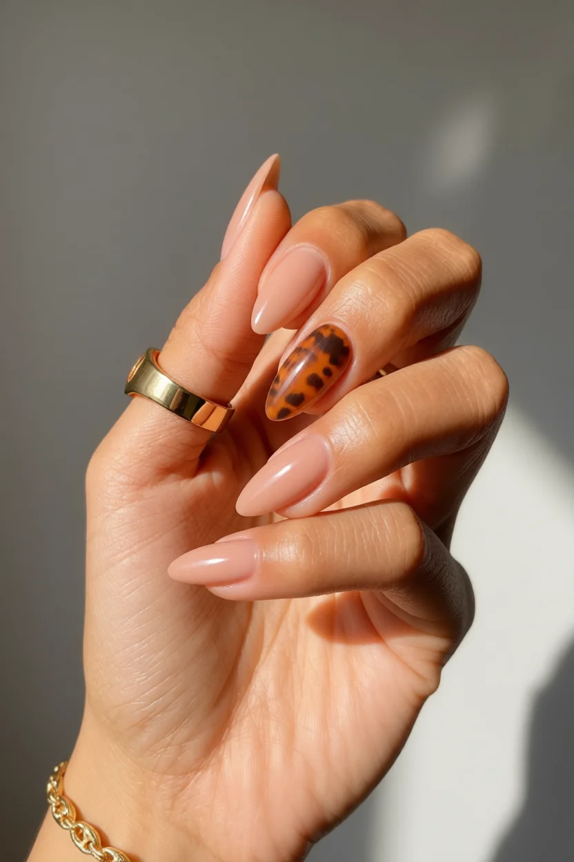 Una mano con uñas alargadas en diseño jelly nude con un accent nail de estampado tortuga