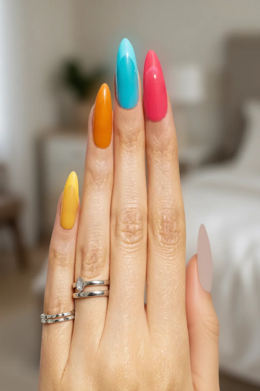 Mano con uñas almendradas largas pintadas con esmalte jelly en colores amarillo, naranja, turquesa, rosa y nude