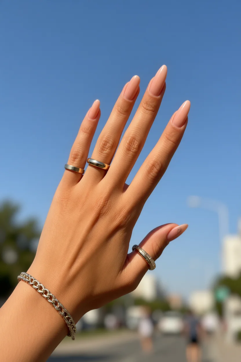Mano con uñas nudillas en forma almendrada y brillo jelly