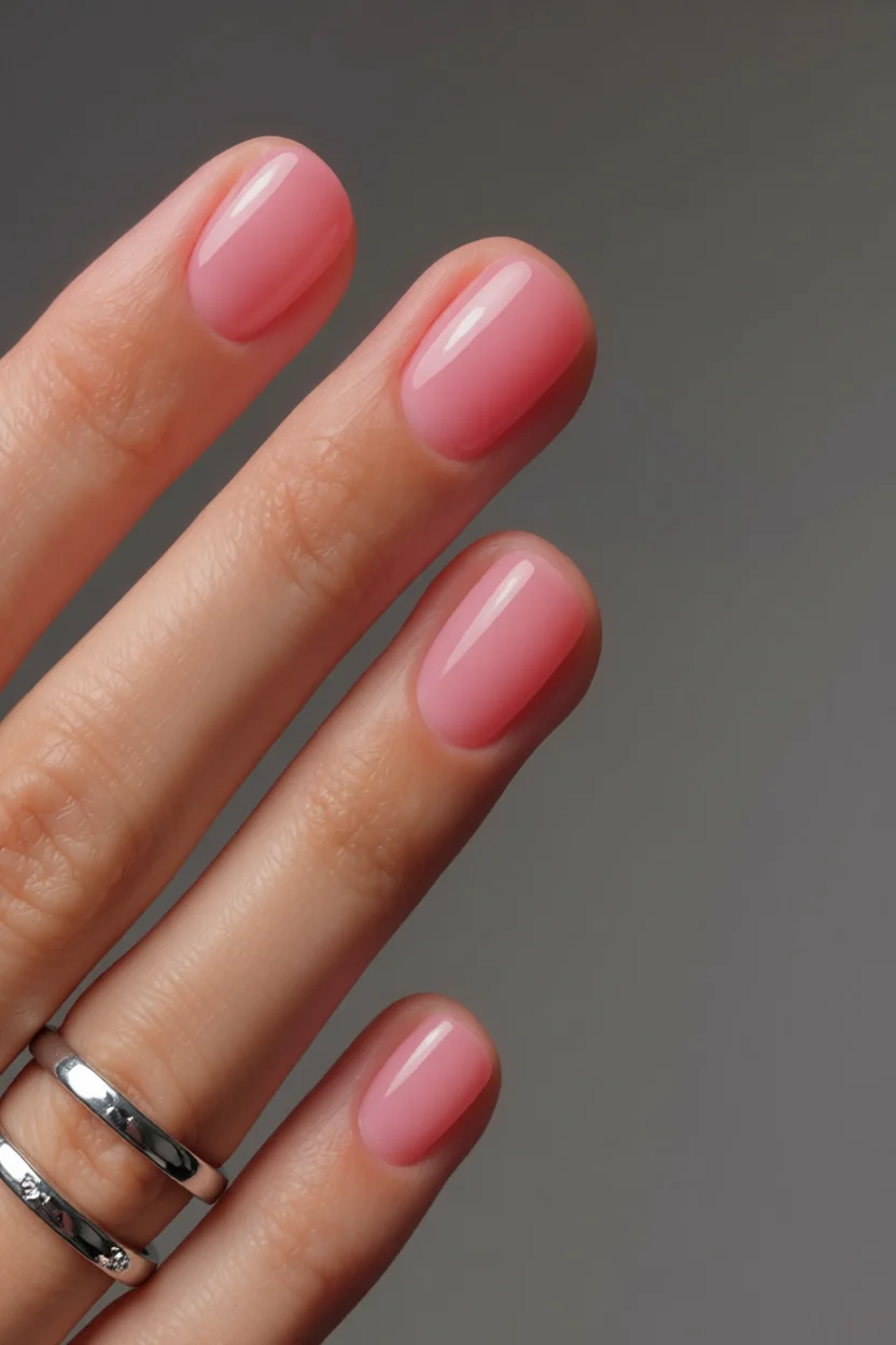Primer plano de uñas en jelly color rosa con acabado translúcido brillante